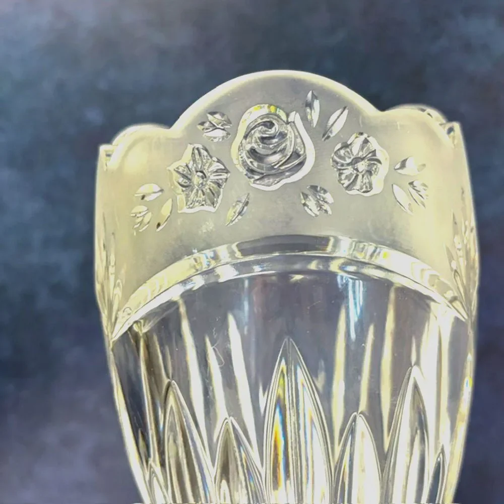 Heavy Clear Glass Vase Frosted Roses Scalloped Rim 10 in 4.3 lb